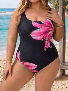 SHEIN CURVE+ 2026 Plus Size Floral Print One-Piece Swimsuit For Beach & Resort - Pink - View 5
