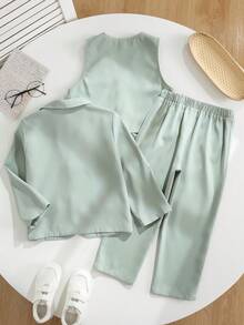 SHEIN 3pcs/Set Young Boy's Green Suit Jacket,Vest And Trousers Set,Traditional Gentleman Style Outfit For Wedding,Birthday Party,Performance,Christening - Mint Green - View 5