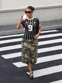 Muchica Women's Street Fashion Digital Black And White Striped Print Colorblock Round Neck Slim Fit T-Shirt School Casual Sports Streetwear Graphic Tee Top - Black - View 5
