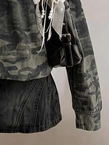 SHEIN EZwear 女款復古經典迷彩半拉鍊運動衫，棕色調，秋季休閒街頭風，適合多種場合，Y2K復古風，返校季秋冬上衣 - 彩色 - 查看 5
