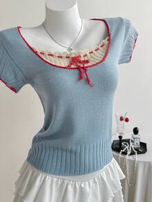 Elamini Y2K Cute Color Block Lace Up Front Square Neck Cropped Knit Tee Short Sleeve Slim Fit Top Brunch Blue Summer - Blue - View 5
