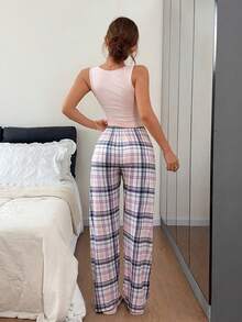 Napfluff Set Piyama Wanita Kasual Motif Kotak-kotak, Atasan Tanpa Lengan dan Celana Panjang - MultiWarna - View 2