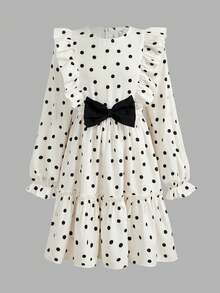 SHEIN Tween Girl Polka Dot Bow Loose Cute Casual Ruffle Sleeve French Style Dress, Long Sleeve Dress, Autumn/Winter Plaid Dress, Summer/Autumn, Perfect For Casual Daily Wear And School Daily Wear, Mother-Daughter Sister Matching - Multicolor - View 4