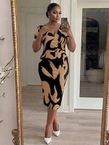 SHEIN Lady CURVE 大尺碼女款 V 領拼接色休閒派對夏季洋裝 - 棕色 - 查看 4