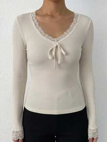 DAZY Women's V-Neck Lace Patchwork Slim Fit Base Layer Top - Apricot - View 5