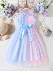 SHEIN 青少年女孩春/夏款優雅可愛拼接3D花朵裝飾網紗泡泡腰帶收腰洋裝 - 淺藍色 - 查看 3