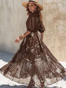 Hotletica Vestido largo casual de fiesta con cuello en V, estampado floral y plisado para mujer - Marrón - Ver 2