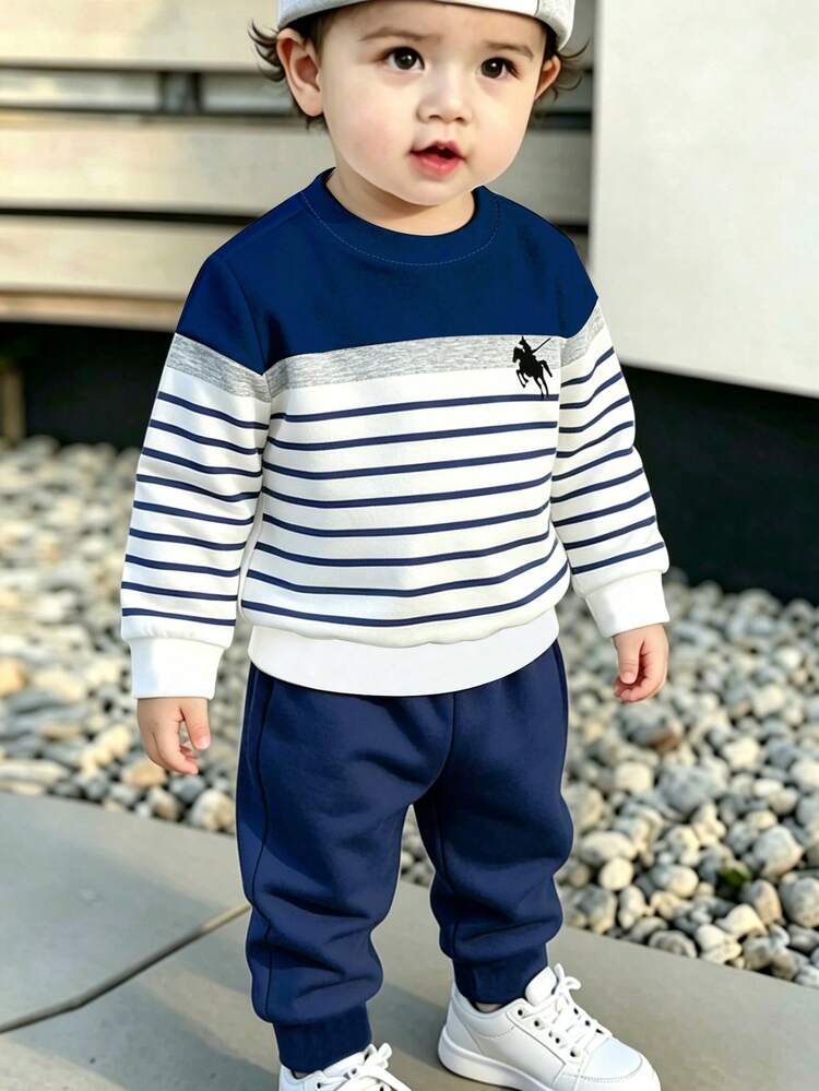 1 Set Spring/Autumn New Boys Round Neck Sweatshirt Set, Blue And White Striped Colorblock Sweatshirt And Sweatpants 2-Piece Set, Knight Pony Logo Design On Chest, Fashionable Casual Versatile Style, Great For Photos, Suitable For Daily Wear, School, Holidays And Gifts, Cool Boys Outfit, Multi-Wear Design For Exquisite Spring/Autumn Looks - Multicolor - View 6