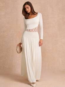 Enchnt Women's Elegant Long Sleeve Contrast Lace Knit Dress - White - View 5