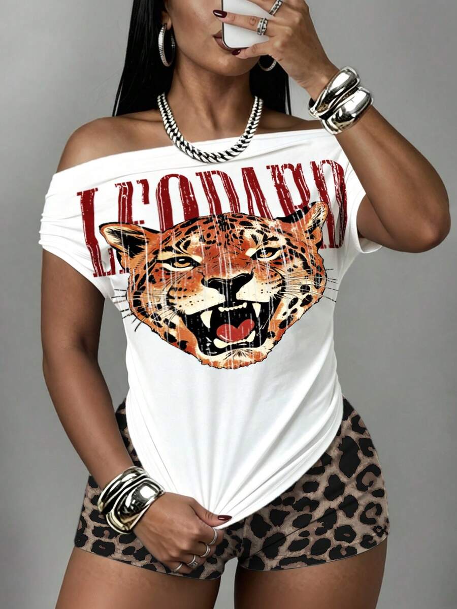 Rovax Women Two Pieces Set Women's Off Shoulder Ruched Tight Short Sleeve T-Shirt Mini Shorts White Leopard Print Street Wear Slim Fit Night Out - Multicolor - View 1