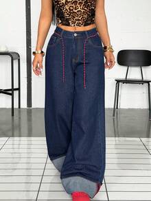 Jeanoix Women's Ultra Low Waist Wide Leg Jeans With Extra Wide Cuffs - Blue - View 1