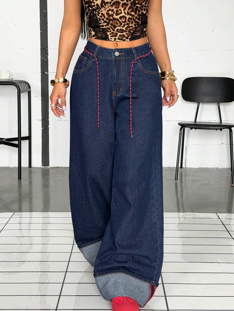 Jeanoix Women's Ultra Low Waist Wide Leg Jeans With Extra Wide Cuffs - Blue - View 1