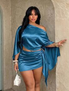 Rustia Conjunto de 2 piezas para mujer talla grande, top y falda midi de satén color champán, estilo vintage francés elegante, para vacaciones, fiesta y cóctel, sexy, con hombro asimétrico, cuello drapeado y volantes - Agua verde azul - Ver 7