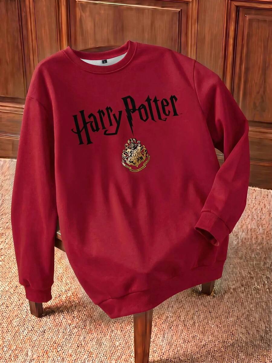 HARRY POTTER X SHEIN 女士休闲时尚街头时尚学院风动物徽章和字母印花落肩宽松羊毛套头衫,秋冬 - 白色 - 查看 1