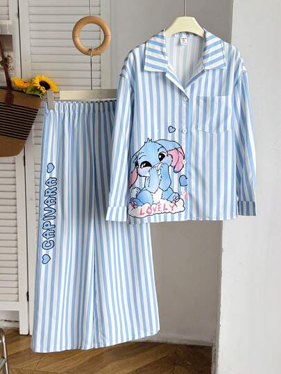 Kinderen Tween Meisjes Shirt Co-Ords Casual Streetwear Geweven Gestreepte Cartoon Print Losse Drop Shoulder Shirt & Wijde Broek Set, Geschikt Voor Herfst/Winter Casual Uitstapjes, Terug Naar School