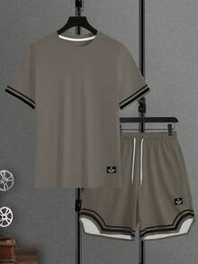 Manfinity Homme Conjunto de camiseta de manga corta, cuello redondo, holgada y casual para el verano - Gris - Ver 5