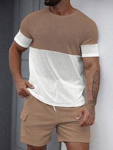 Manfinity CasualCool Men's Colorblock Crew Neck Short Sleeve T-Shirt And Drawstring Waist Shorts Casual Set - Multicolor - View 3