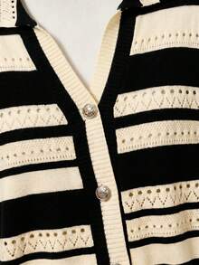 SHEIN Clasi Cardigan tricoté élégant et romantique à rayures et couleurs contrastées, simple boutonnage - Beige - Voir 5