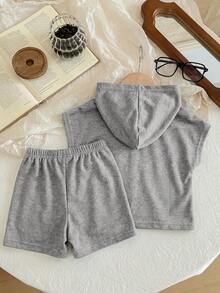 2pcs Baby Boy Letter Print Hoodie T-Shirt And Shorts Casual Outfit - Light Grey - View 2