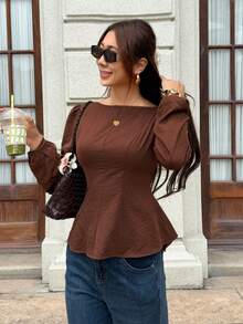 Serisse Women's Elegant Coffee Brown Linen Boat Neck Backless Bow Decor Ruffle Hem Long Sleeves Blouse,Vacation Date Night Fashionable Top,Four Seasons Fall - Brown - View 8