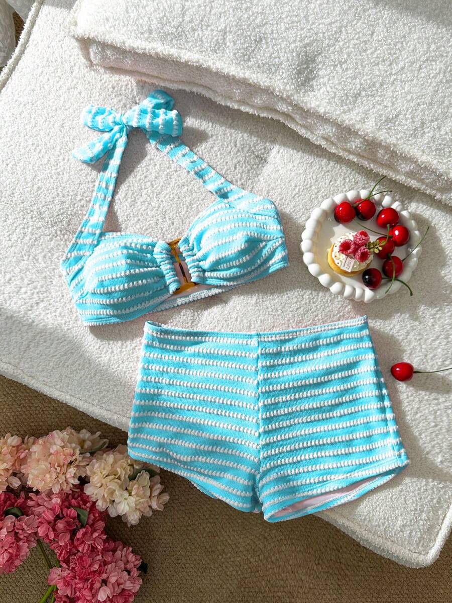 Swim Mod 女士可爱度假粉色条纹吊带泳衣套装