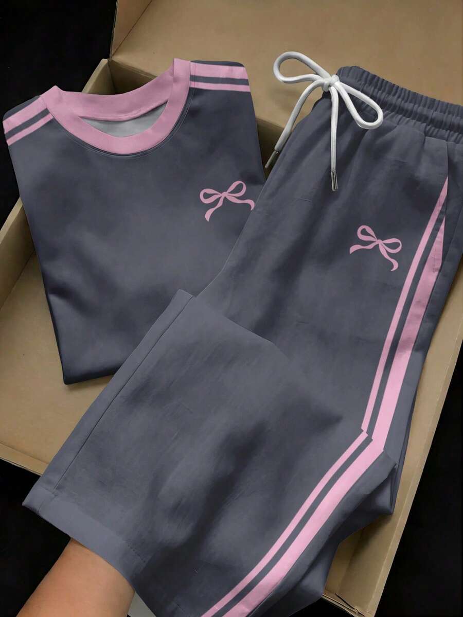 SHEIN EZwear 2件組刺繡圓領短袖上衣與條紋印花長褲,休閒風 - 彩色 - 查看 1
