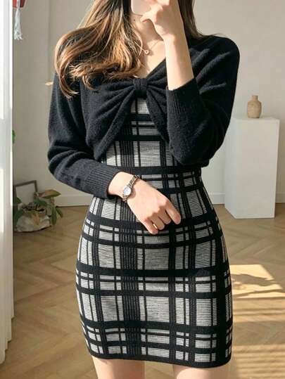 FRIFUL Women's Solid Color Cropped Sweater Plaid Knit Dress 2 Pieces Set Cute Elegant Tops Everyday Tea Party Black Light Grey Autumn