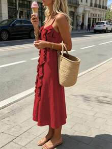 SHEIN PariChic 女款小眾設計中長款細肩帶洋裝，荷葉邊下擺，修身寬鬆A字版型，法式休閒浪漫優雅，度假深紅色夏季款 - 紅色 - 查看 3