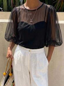 FRIFUL Women's Solid Brown Round Neck Puff Sleeve Sheer Mesh Loose Casual Layering Top - Black - View 1