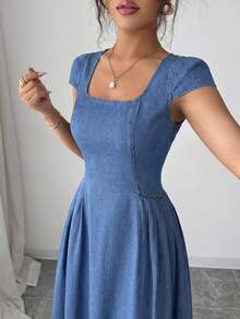 Elenzga Women's Summer Casual Square Neck Denim Dress - Blue - View 6
