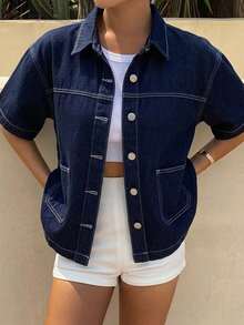 DAZY Kemeja Denim Wanita Kasual Musim Semi/Panas, Minimalis, Serbaguna, Lengan Pendek, Kancing Depan Satu Baris, untuk Perjalanan Sehari-hari - Biru - View 7