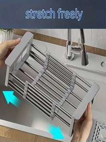 Escurridor ajustable de acero inoxidable retráctil, estante de almacenamiento para fregadero sin perforaciones, escurridor ahorrador de espacio, diseño a rayas, adecuado para fregaderos y encimeras, almacenamiento de cocina moderno, estante de almacenamiento multifuncional - Multicolor - Ver 6