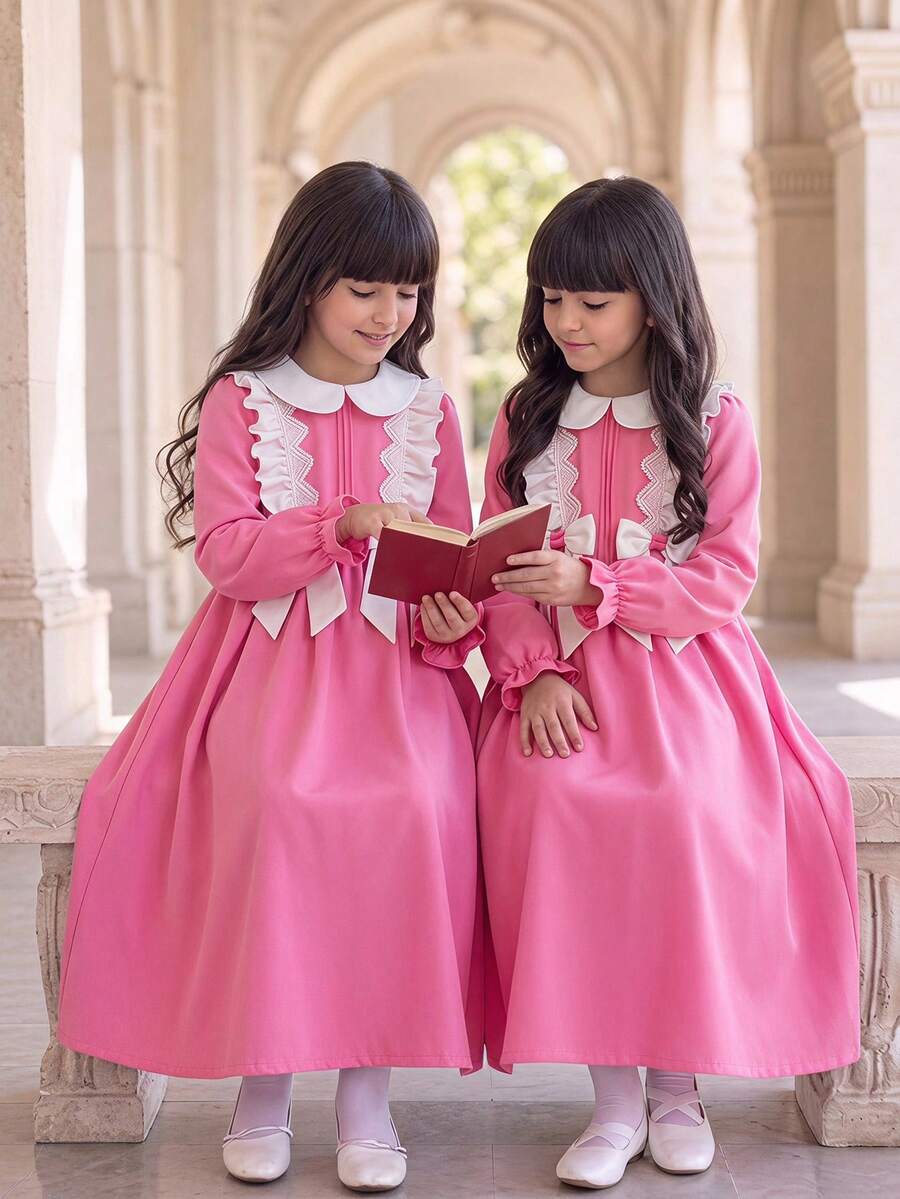 Vestido dulce con decoración de lazo y patchwork de encaje para niña preadolescente - Rosa - Ver 1