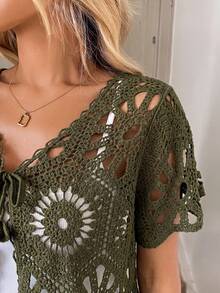 Easowa Kardigan Rajut Lengan Pendek Berongga Gaya Liburan Kasual, Cottage Core, Boho Era 90-an, Warna Hijau Army, Hijau Zaitun Musim Panas - Olive Green - View 7