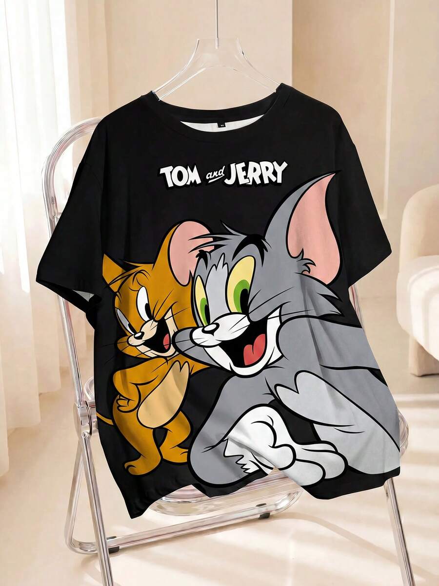 TOM & JERRY X SHEIN 女士圆领卡通字母印花休闲百搭日常短袖T恤 - 黑色 - 查看 1