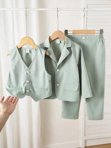 SHEIN 3pcs/Set Young Boy's Green Suit Jacket,Vest And Trousers Set,Traditional Gentleman Style Outfit For Wedding,Birthday Party,Performance,Christening - Mint Green - View 3