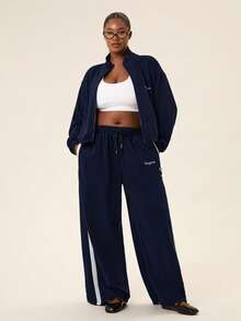 Levarali Plus Size Women's Sports Casual Set, Sweatshirt Jacket + Sports Pants 2 Pieces Set, Daily Sports & Fitness Outfit, Autumn/Winter Wear Fall - Navy Blue - View 2