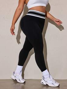 SHEIN Rhythm Era Women's Plus Size Colorblock High-Waist Casual Versatile Daily Wear Tight Leggings - Black - View 4