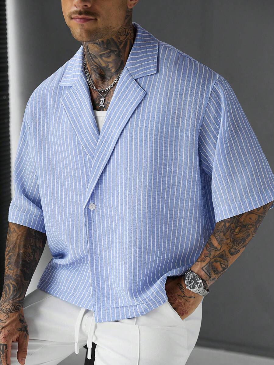 SLATEMANN Men's Striped Casual Versatile Daily Wear Shirt - Blue - View 1