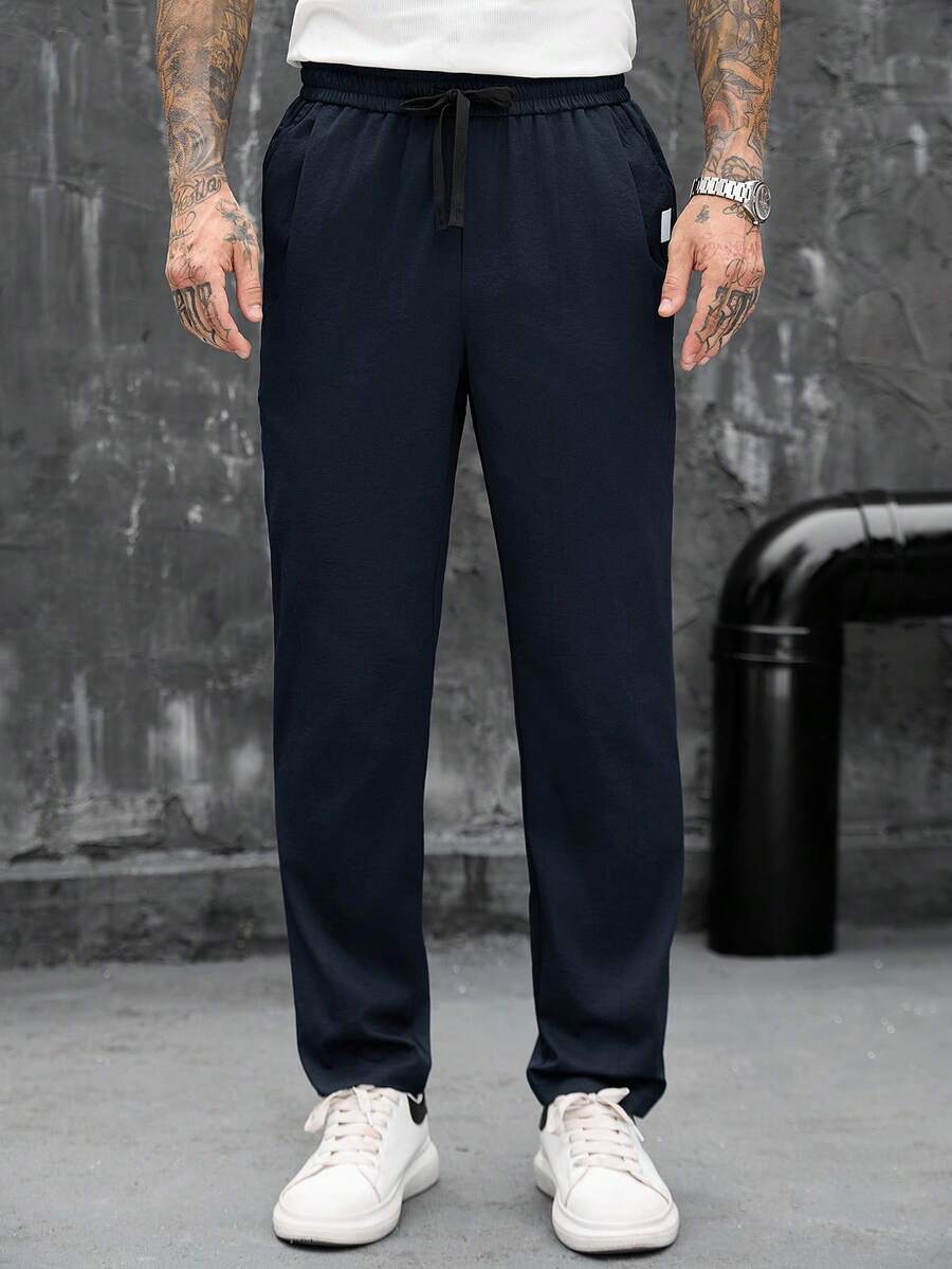 SLATEMANN Men's Drawstring Waist Straight Leg Loose Fit Business Casual Pants - Navy Blue - View 1