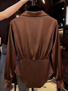 Elenzga Bodysuit Elegan Lengan Panjang Leher Kerah Warna Polos untuk Wanita Ukuran Besar Musim Dingin - Coklat - View 2