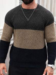 Manfinity Homme 男士休閒百搭拼色圓領長袖針織衫，適合日常穿著 - 彩色 - 查看 6