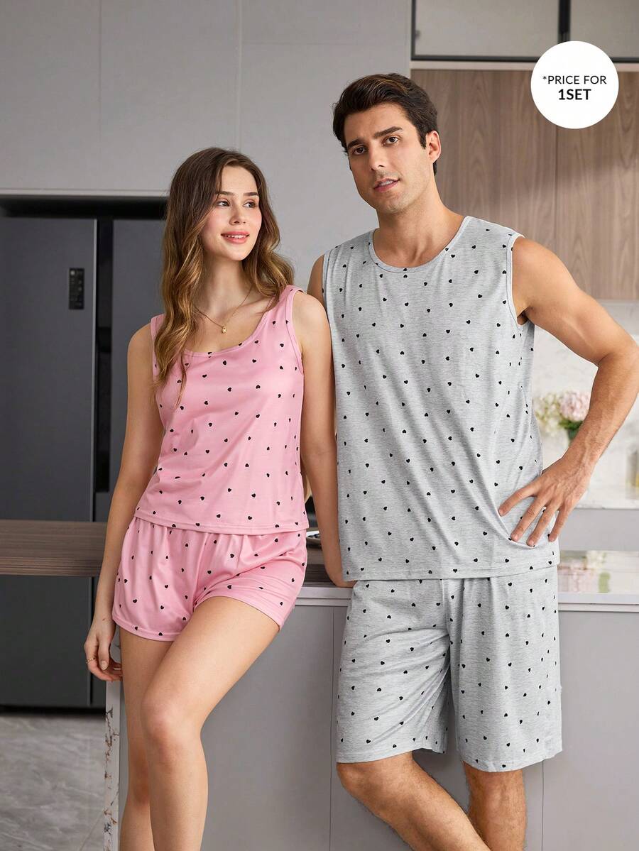 CoupledUp Heart Print Casual Back Print Couple Pajamas Plaid Bermuda Shorts Men's Sleepwear 2-Piece Set - Light Grey - View 1