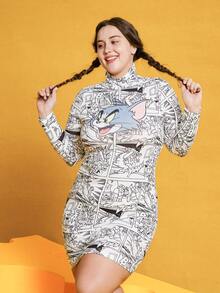 TOM & JERRY X SHEIN Plus High Neck Cartoon Printed Hollow Out Dress - Multicolor - View 6