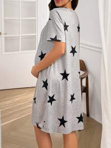 Moonlight&Mama Spring/Summer Fashion Light Gray & Black Contrast Star Print Short Sleeve Maternity Nightgown - Grey - View 2