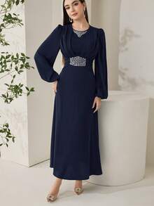 Veilorie New Luxury Elegant Heavy Embellished Rhinestone Exquisite Waist-Cinched Pleated Party Dress - Navy Blue - View 9