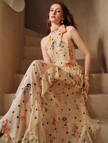 Arave Floral Polka Dot Print Halter Neck Cinched Waist Asymmetrical Hem French Casual Romantic Elegant Design Long Dress Wedding Party Garden Beige Summer - Apricot - View 1