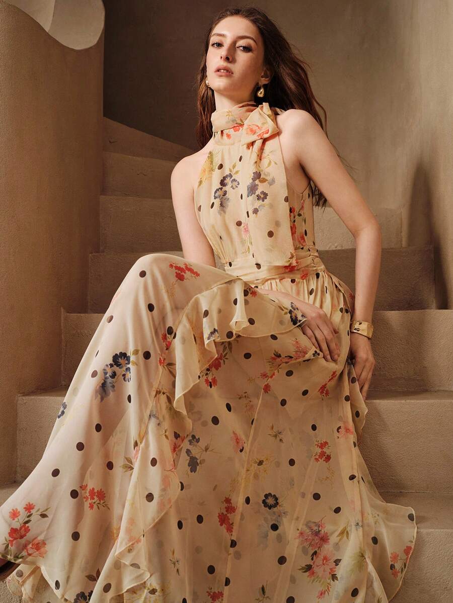 Arave Floral Polka Dot Print Halter Neck Cinched Waist Asymmetrical Hem French Casual Romantic Elegant Design Long Dress Wedding Party Garden Beige Summer - Apricot - View 1