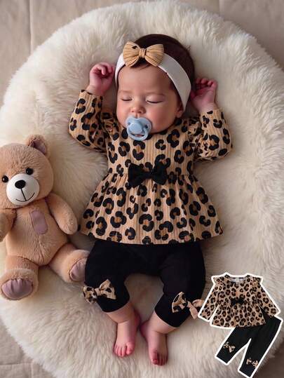 Vintage Caramel Leopard Print Ribbed Long Sleeve Dress & Top 2-Piece Set, Baby Girl Ruffle Top With Bow Long Pants, Versatile Outfit For 100 Days, 1st Birthday, Outings