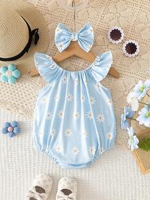 SHEIN Vintaside Kids 新生兒甜美雛菊荷葉袖連身褲與髮帶夏季款 - 淺藍色 - 查看 2
